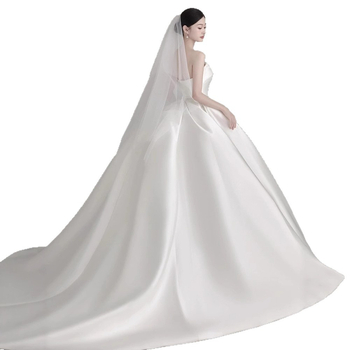 Rochie de mireasă din satin, stil franțuzesc, fără bretele, talie înaltă, lungă, fără mâneci