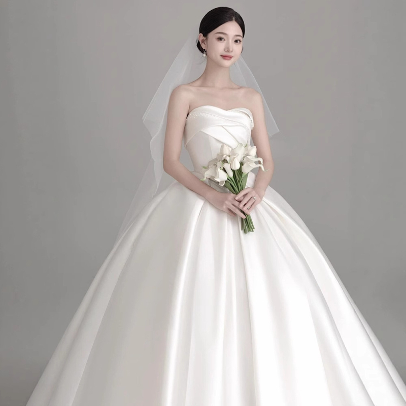 Rochie de mireasă din satin, stil franțuzesc, fără bretele, talie înaltă, lungă, fără mâneci