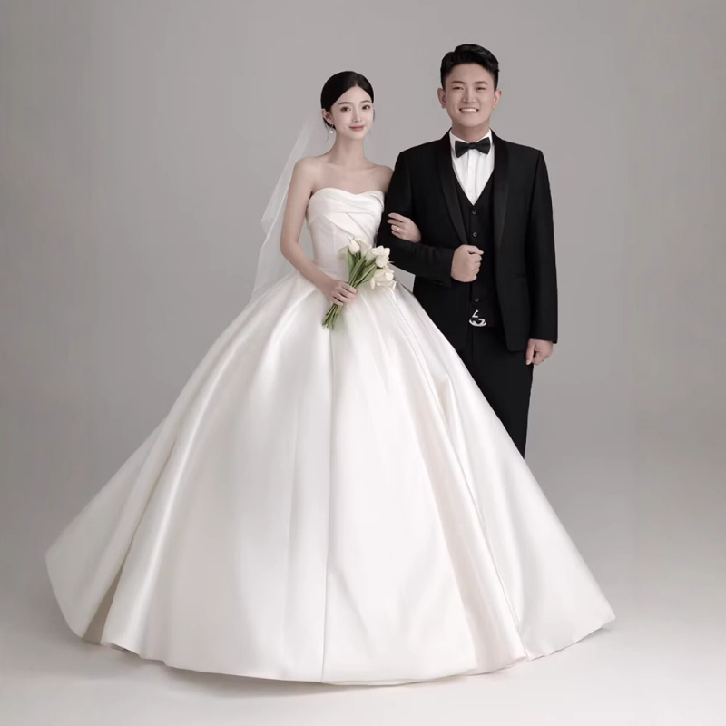 Rochie de mireasă din satin, stil franțuzesc, fără bretele, talie înaltă, lungă, fără mâneci