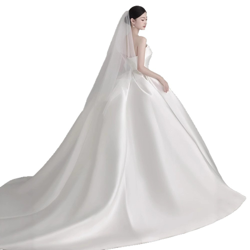 Rochie de mireasă din satin, stil franțuzesc, fără bretele, talie înaltă, lungă, fără mâneci