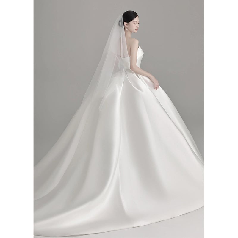 Rochie de mireasă din satin, stil franțuzesc, fără bretele, talie înaltă, lungă, fără mâneci