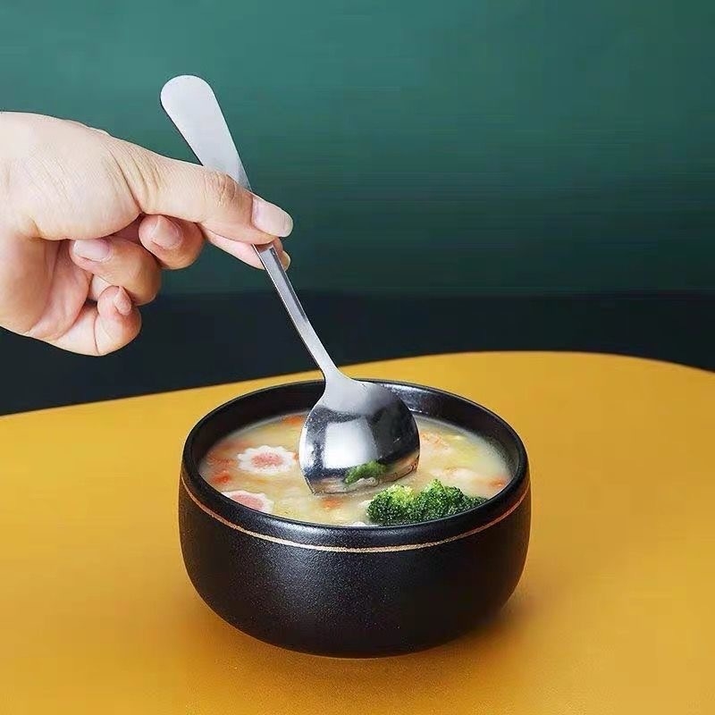 Lingură în stil coreean cu mâner lung din oțel inoxidabil 410, lingură de desert cu cap rotund, pentru uz casnic, design modern minimalist