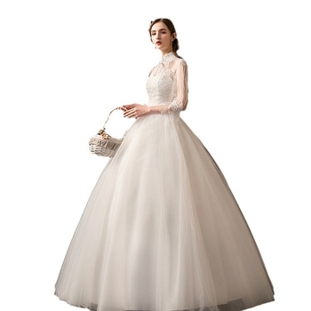 Esküvői ruha magas derekú, hosszú ujjú, hosszú szoknya, poliészter anyag