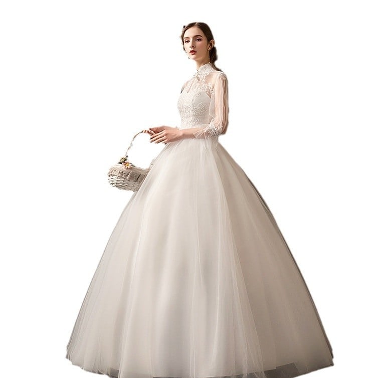 Esküvői ruha magas derekú, hosszú ujjú, hosszú szoknya, poliészter anyag