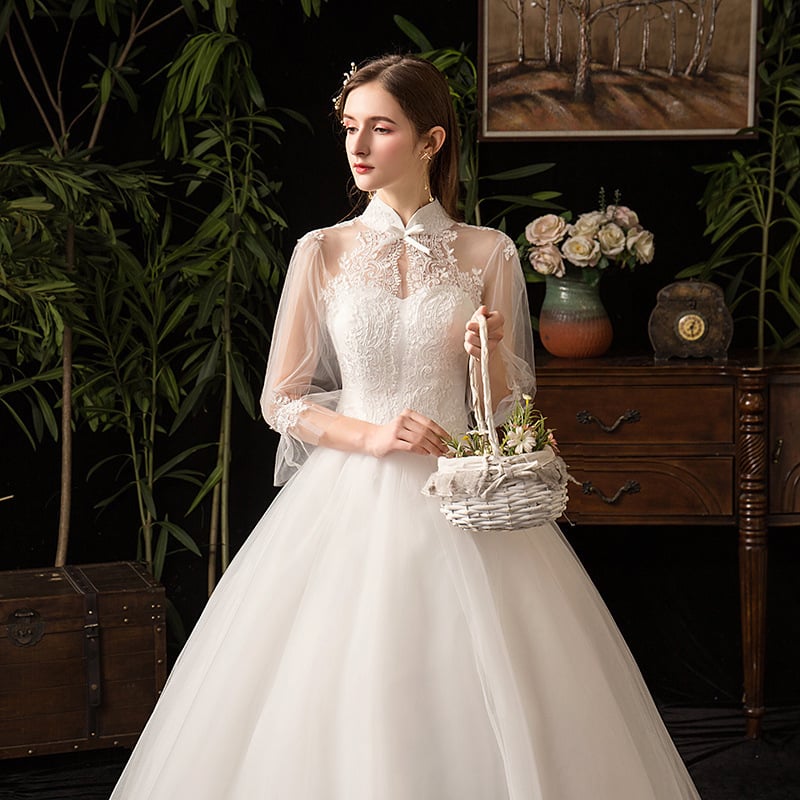 Esküvői ruha magas derekú, hosszú ujjú, hosszú szoknya, poliészter anyag