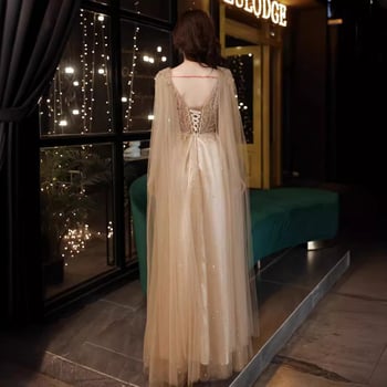 Rochie de seară lungă - decolteu în V adânc, fără mâneci, nasturi dubli, princess bustle