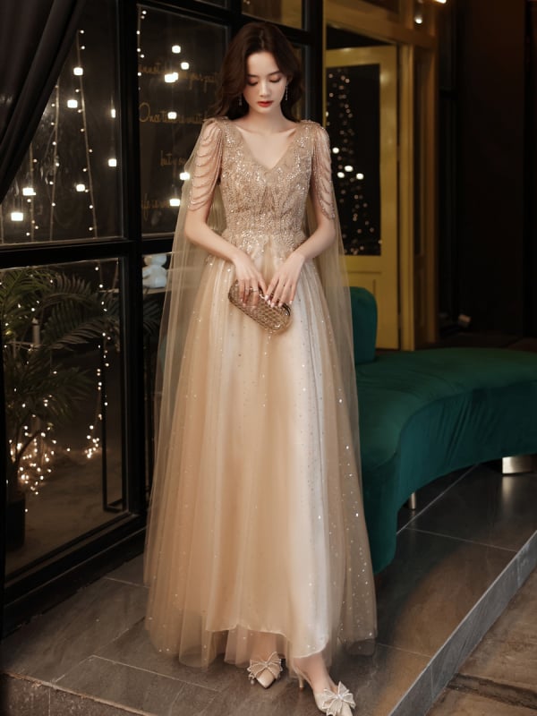 Rochie de seară lungă - decolteu în V adânc, fără mâneci, nasturi dubli, princess bustle