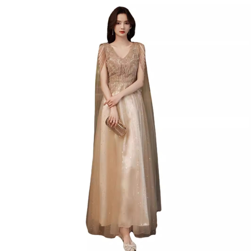 Rochie de seară lungă - decolteu în V adânc, fără mâneci, nasturi dubli, princess bustle