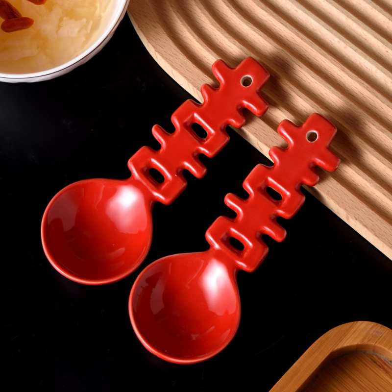 Kerámia desszertkanál, Kettős Boldogság minta, új kínai chinoiserie stílus, 2023 megjelenés