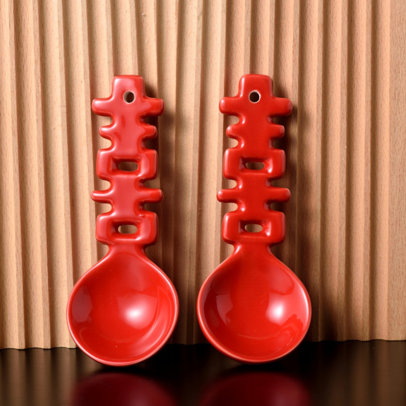 Kerámia desszertkanál, Kettős Boldogság minta, új kínai chinoiserie stílus, 2023 megjelenés