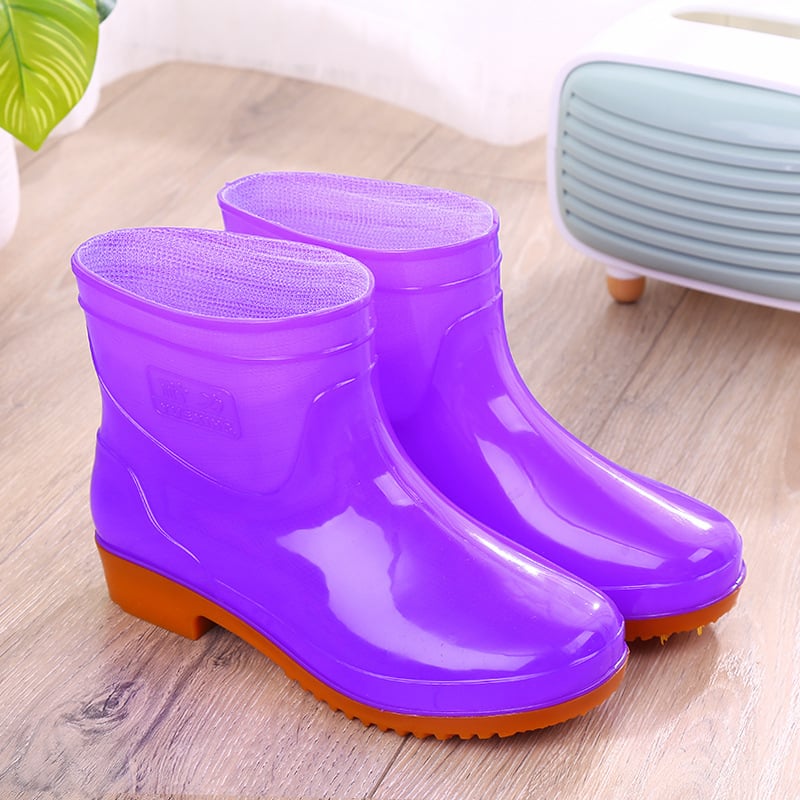 Moteriški lietaus batai, plastikinė viršutinė dalis, trumpas vamzdelis, plokščias kulnas, standartinis storis, išleisti 2022 m. rudens