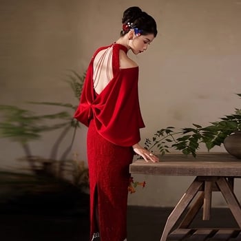 Qipao за сватби в китайски стил – висока талия, 3/4 ръкави, дълга пола, полиестер, Пролет 2025