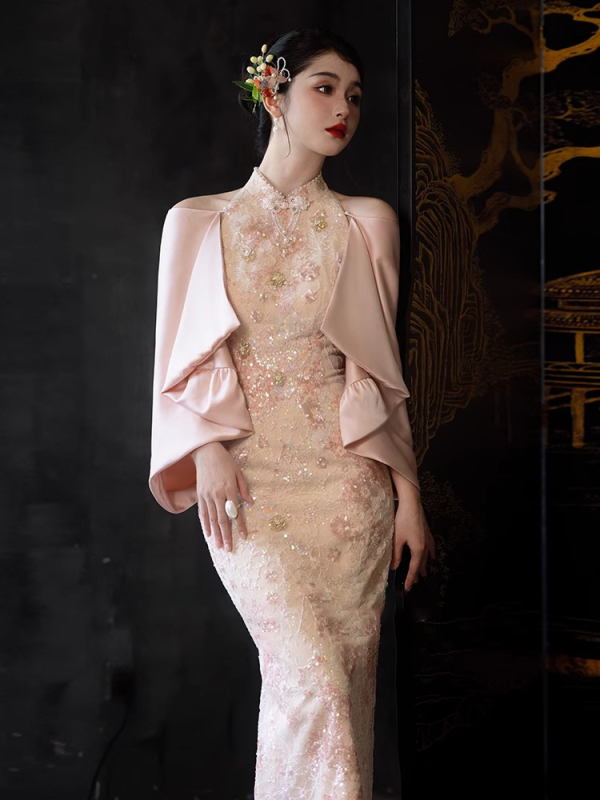 Qipao за сватби в китайски стил – висока талия, 3/4 ръкави, дълга пола, полиестер, Пролет 2025