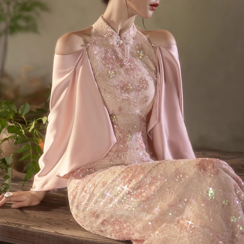 Qipao за сватби в китайски стил – висока талия, 3/4 ръкави, дълга пола, полиестер, Пролет 2025