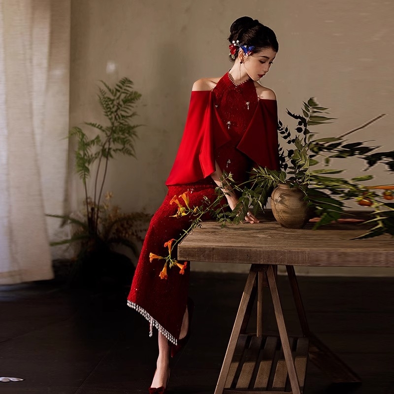 Qipao за сватби в китайски стил – висока талия, 3/4 ръкави, дълга пола, полиестер, Пролет 2025