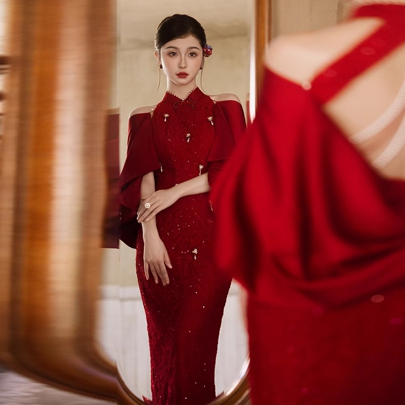 Qipao за сватби в китайски стил – висока талия, 3/4 ръкави, дълга пола, полиестер, Пролет 2025