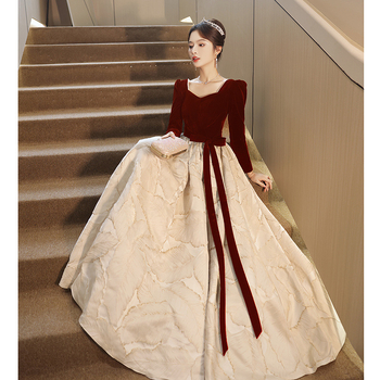 Rochie de seară de mireasă – stil franțuzesc, talie înaltă, mâneci lungi, fustă lungă, poliester, vară 2025