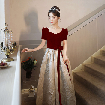 Rochie de seară de mireasă – stil franțuzesc, talie înaltă, mâneci lungi, fustă lungă, poliester, vară 2025