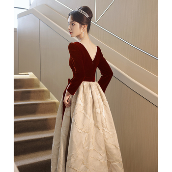 Rochie de seară de mireasă – stil franțuzesc, talie înaltă, mâneci lungi, fustă lungă, poliester, vară 2025