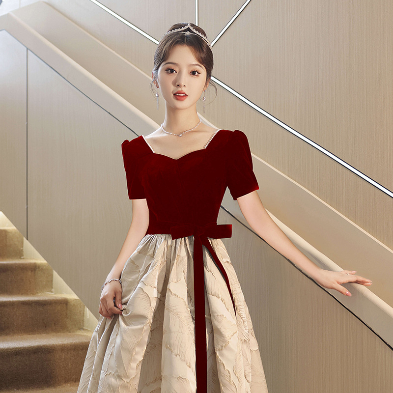 Rochie de seară de mireasă – stil franțuzesc, talie înaltă, mâneci lungi, fustă lungă, poliester, vară 2025