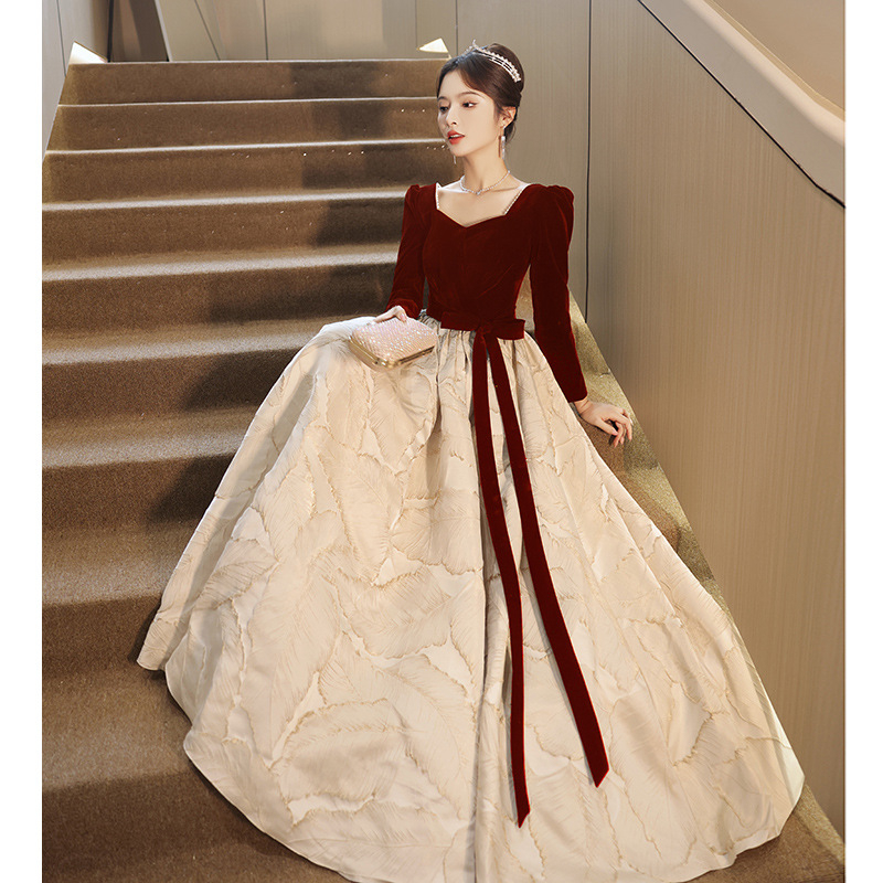 Rochie de seară de mireasă – stil franțuzesc, talie înaltă, mâneci lungi, fustă lungă, poliester, vară 2025