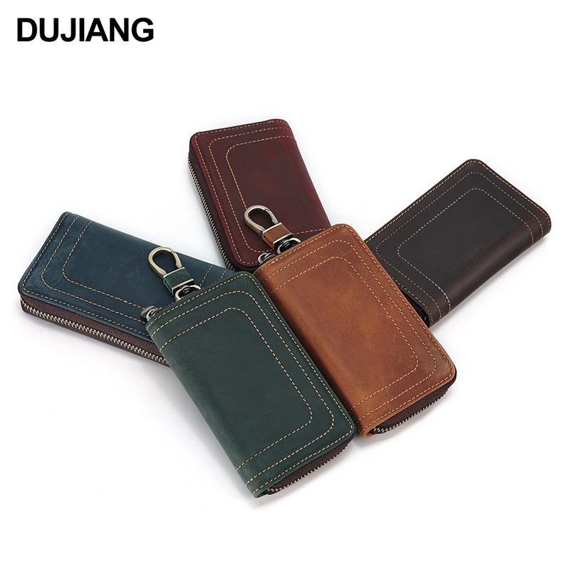 Port-chei din piele naturală DUJIANG/solo, piele de vițel de calitate superioară, model monocrom, 2 compartimente pentru chei, rezistent la uzură