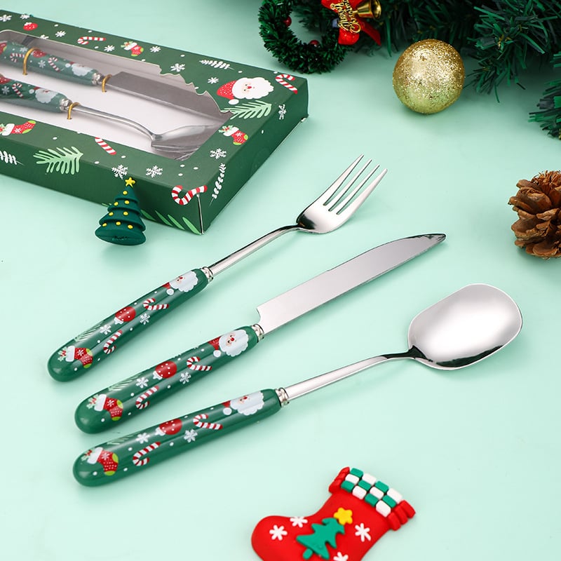 Комплект нож, вилица и лъжица, 304 неръждаема стомана, огледално полиране, модерен минималистичен стил, мотив Дядо Коледа
