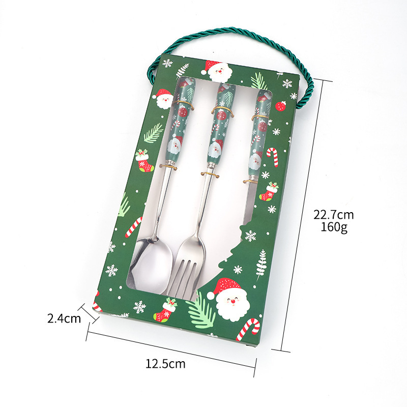 Комплект нож, вилица и лъжица, 304 неръждаема стомана, огледално полиране, модерен минималистичен стил, мотив Дядо Коледа