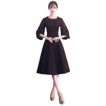 Черна официална миди рокля с полурукав, талия средна, полиестер >95%, дължина миди