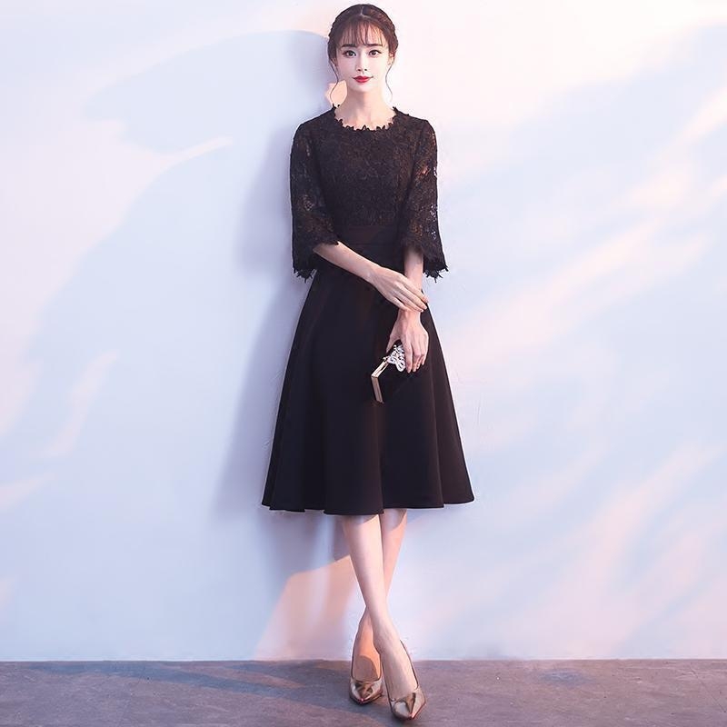 Черна официална миди рокля с полурукав, талия средна, полиестер >95%, дължина миди