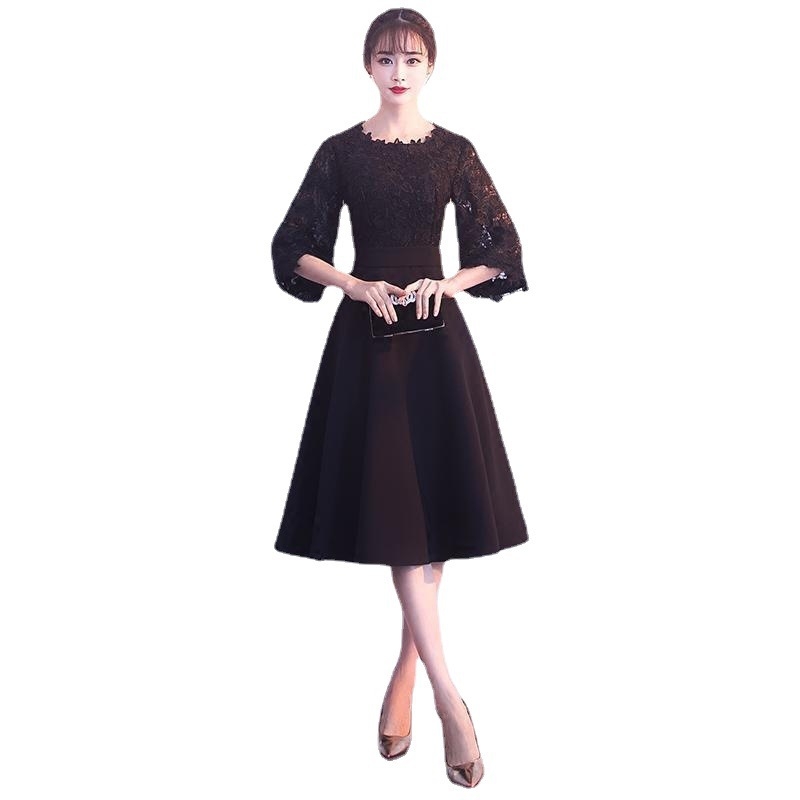 Черна официална миди рокля с полурукав, талия средна, полиестер >95%, дължина миди