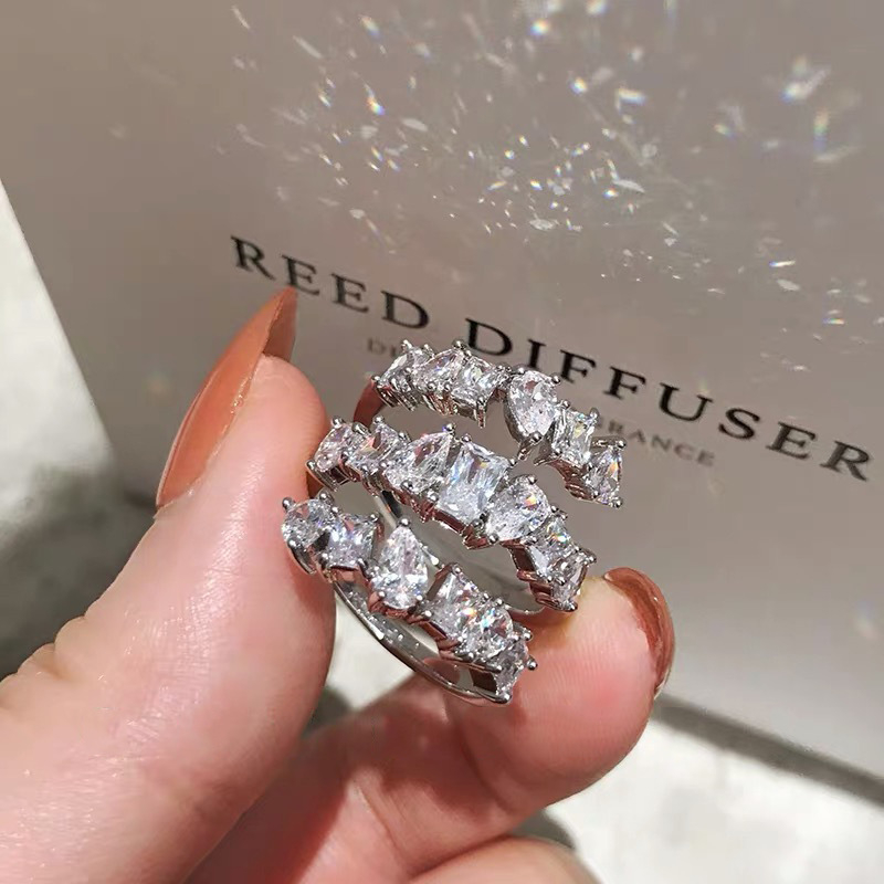 Inel cu design geometric din cupru, trei straturi, deschis la capăt, cu zirconiu pentru femei