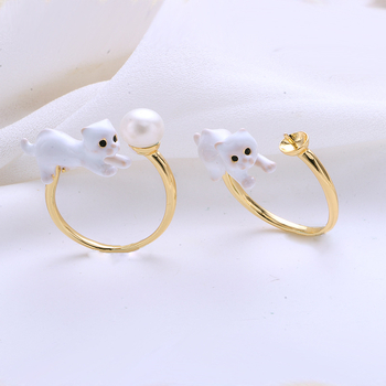 Inel reglabil cu perlă, în formă de pisică, placare electrolitică