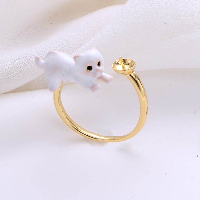 Inel reglabil cu perlă, în formă de pisică, placare electrolitică