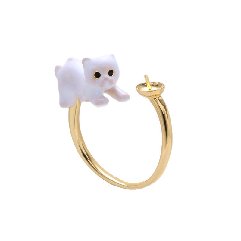 Inel reglabil cu perlă, în formă de pisică, placare electrolitică