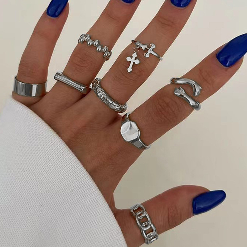 Set prstenova s križem i nepravilnim otvorenim prstenima, geometrijski nakit od legure, elektroplatiranje, ženski/unisex stil