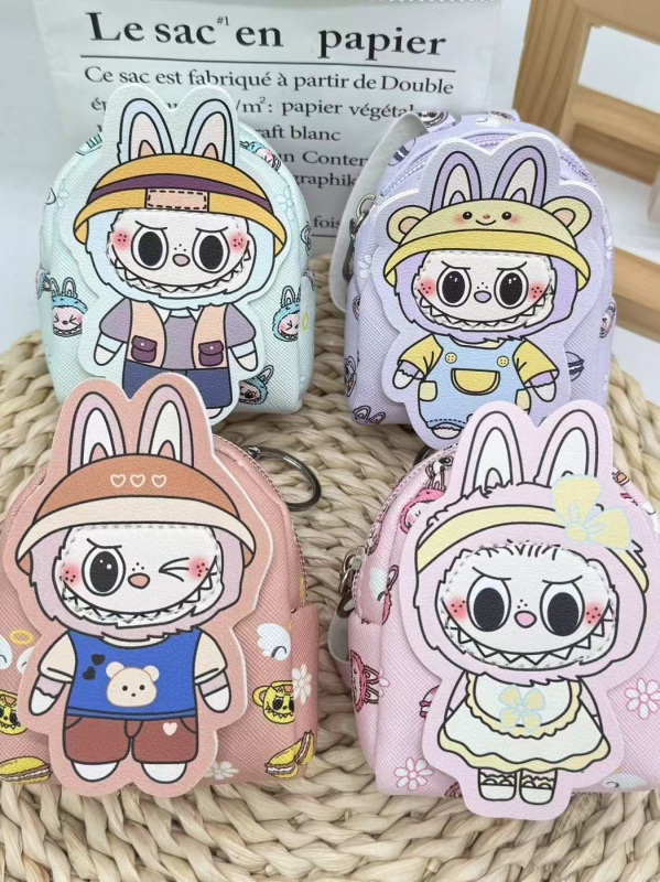 Kulcstartó táska karikatúra mintával, PU anyagból, 1 rekeszű pénztárca, ultra könnyű és bővíthető, fülhallgató és aprópénz rendező