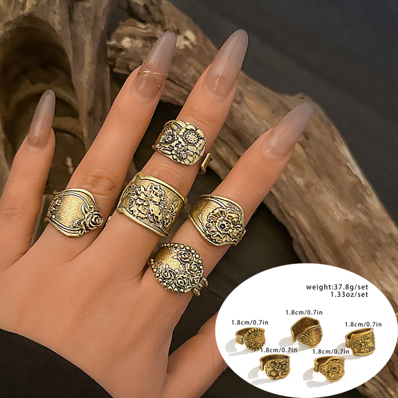 Set de inele din aliaj cu motive etnice, gravuri florale și geometrice, placare electrolităică, inele deschise, stil retro