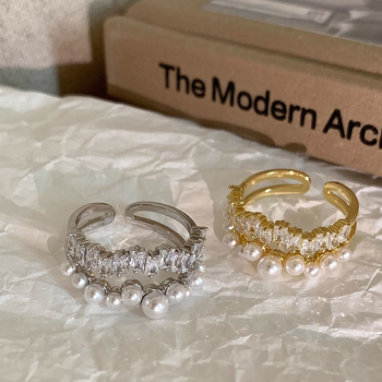 Пръстен - двойнослоен открит дизайн, имитационни перли, геометричен стил, женски, корейски стил