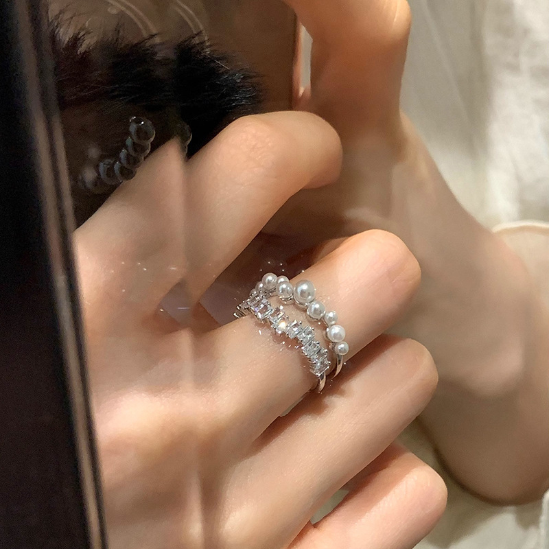 Пръстен - двойнослоен открит дизайн, имитационни перли, геометричен стил, женски, корейски стил