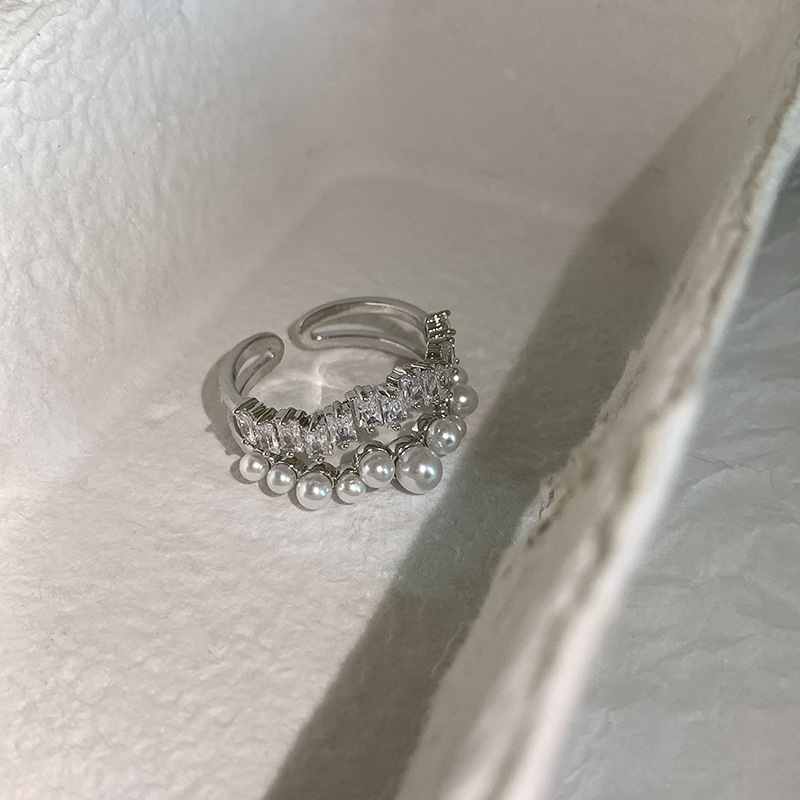 Пръстен - двойнослоен открит дизайн, имитационни перли, геометричен стил, женски, корейски стил