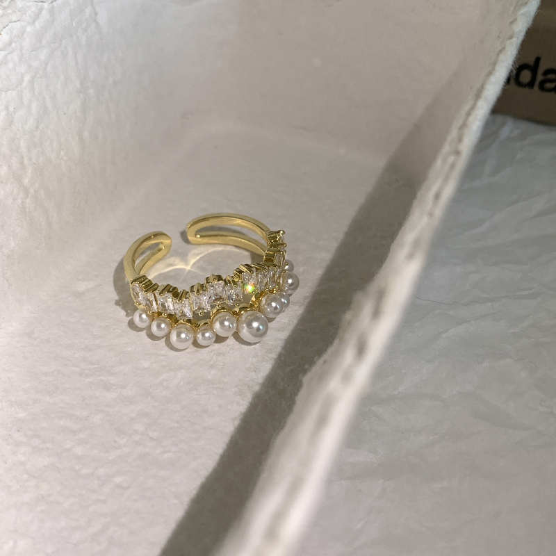 Пръстен - двойнослоен открит дизайн, имитационни перли, геометричен стил, женски, корейски стил