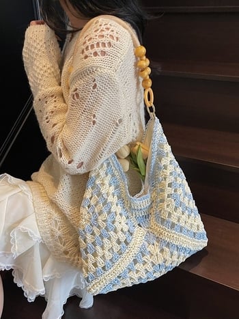 Nagy kapacitású boho stílusú szalma táska nőknek mágneses zárással és belső cipzáras zsebbel – strandtáska