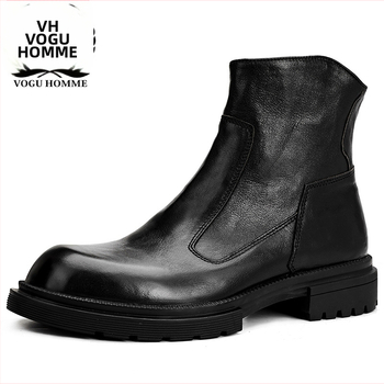 Vīriešu Martins zābaki no īstas ādas, gumijas zole, sānu rāvējslēdzējs, apaļš purns, vidēja augstuma papēdis 3–5 cm