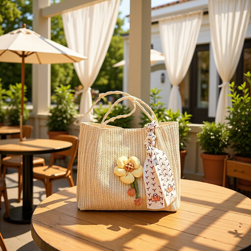 Slamnata tote torba – vertikalnog kvadratnog oblika, magnetsko zatvaranje, poliester podstava, džep za telefon i ID