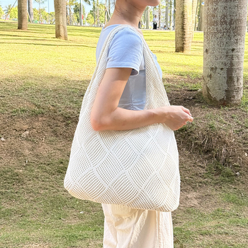 Ženska romboidna pletena torba za plažu, opušteno ljetni stil, vertikalni kvadratni oblik, otvorena džep, dvostruke remene