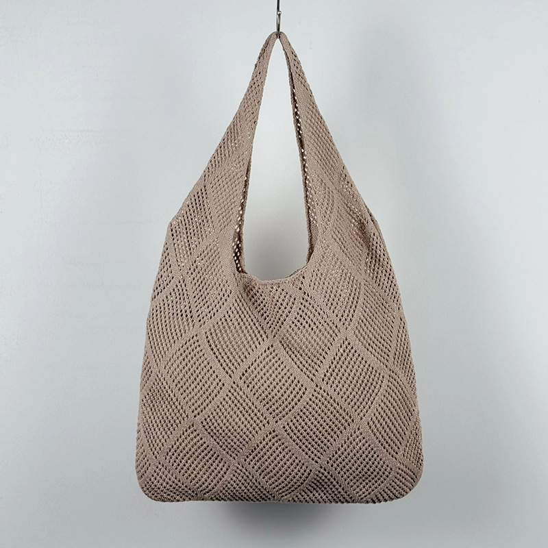 Ženska romboidna pletena torba za plažu, opušteno ljetni stil, vertikalni kvadratni oblik, otvorena džep, dvostruke remene