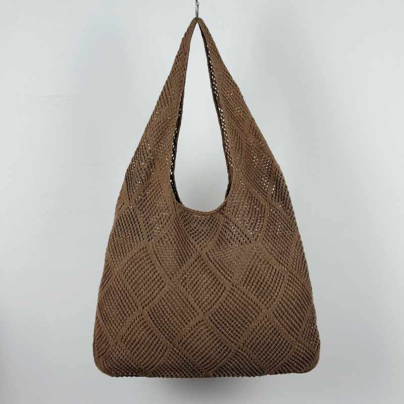 Ženska romboidna pletena torba za plažu, opušteno ljetni stil, vertikalni kvadratni oblik, otvorena džep, dvostruke remene