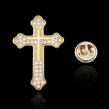 Broșă de rever în formă de cruce, din cupru, zirconiu încrustat, formă geometrică, încrustare