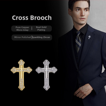 Broșă de rever în formă de cruce, din cupru, zirconiu încrustat, formă geometrică, încrustare